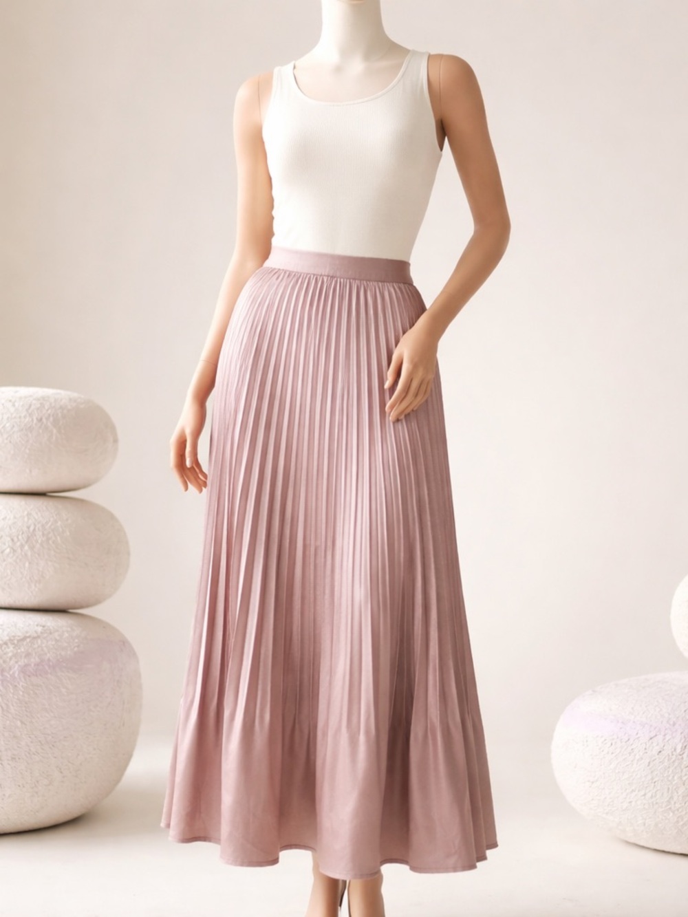 Pleated Satin Maxi Skirt in Dusty Rose